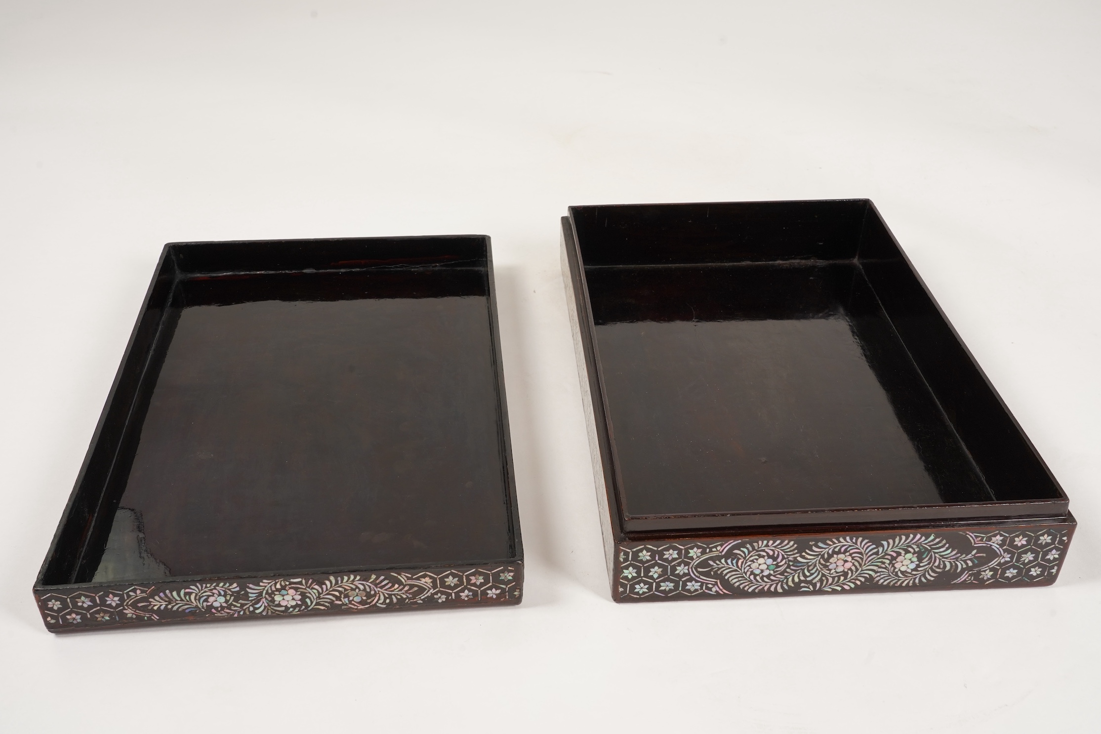 A Chinese Ming mother-of-pearl inlaid lacquer document box and cover, 15th century